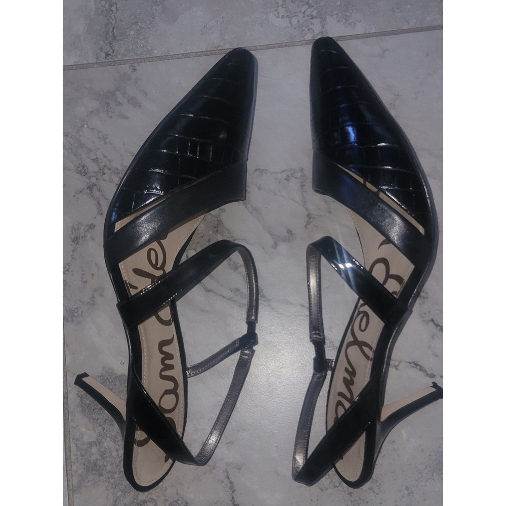Sam Edelman Black Leather Pointed Toe Othello Slingback Heels Croc Embossed 12M